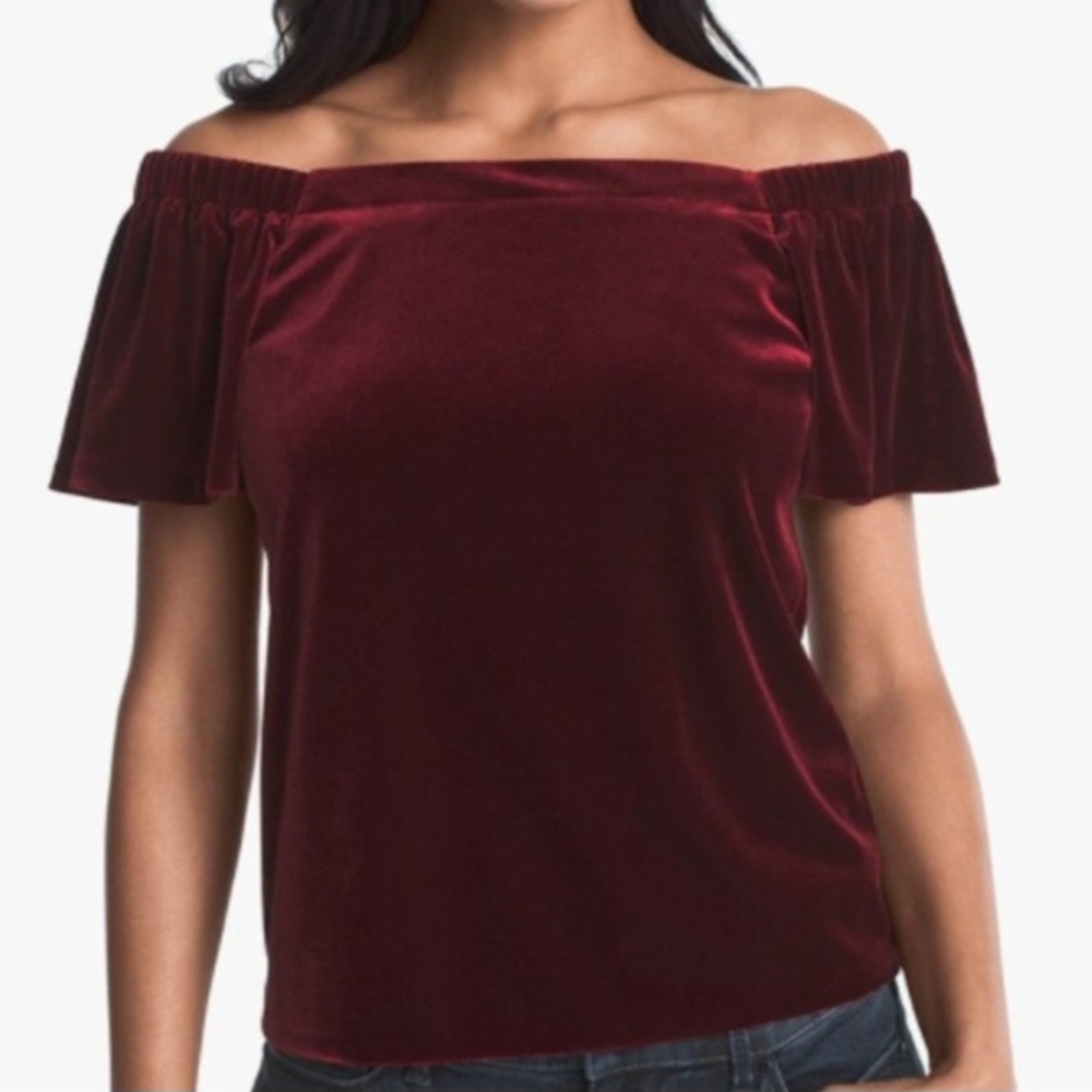 White House Black Market Burgundy Off-Shoulder Velvet Top